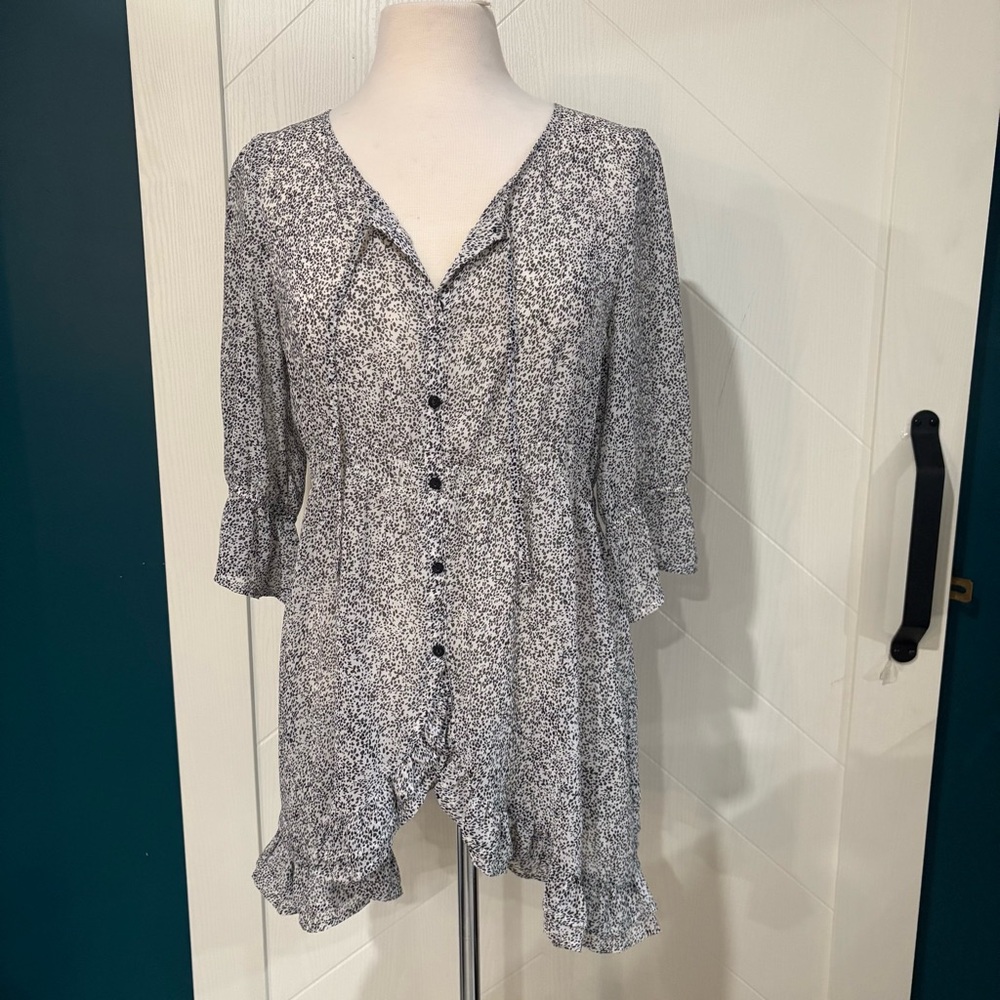 Speckled  Button-Down Women's tunic dress ruffle, feminine/ romantic /‎ vacation